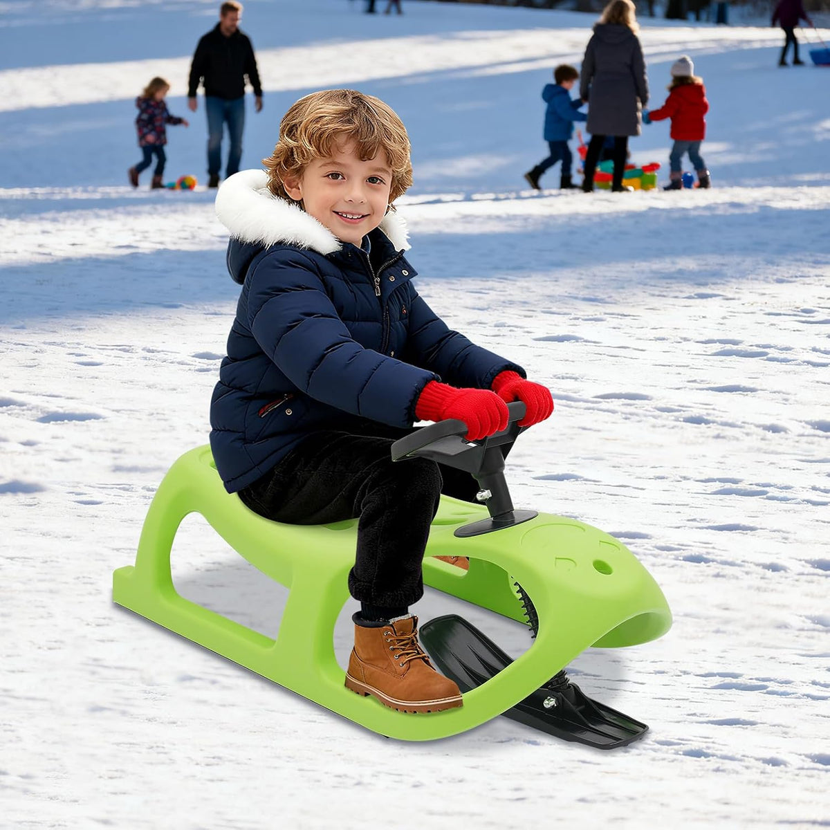 Snow Racer Sled for Kids, Winter Sport Ski Sled Slider Board with Steering Wheel & Footrest, 220 lbs Capacity Snow Sled for Kids, Teenagers, Adult