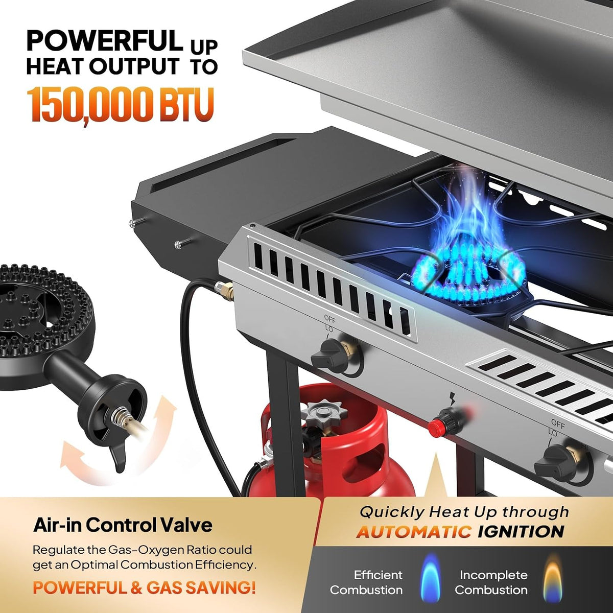 Bonnlo 2-in-1 Propane Stove and Griddle, Iginition Outdoor Gas Cooker with Storage Shelf and Portable Wheels, 2 Burner Camping Stove with 150000BTU Output for Backyard Cooking BBQ Frying and Boiling