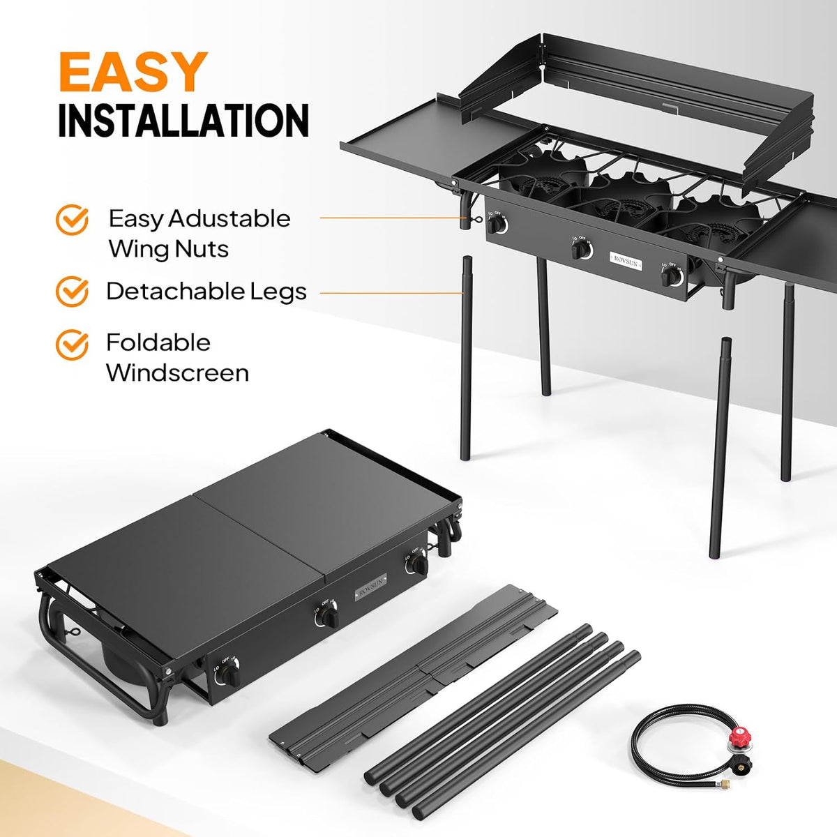 ROVSUN 3 Burner Outdoor Propane Gas Stove with Windscreen, 2 Shelves & Bag