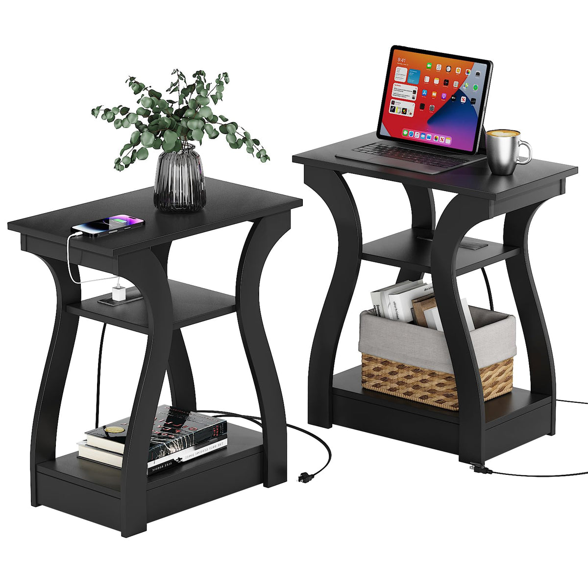 FROMJBEST End Tables Living Room Set of 2 with Charging Station, Black