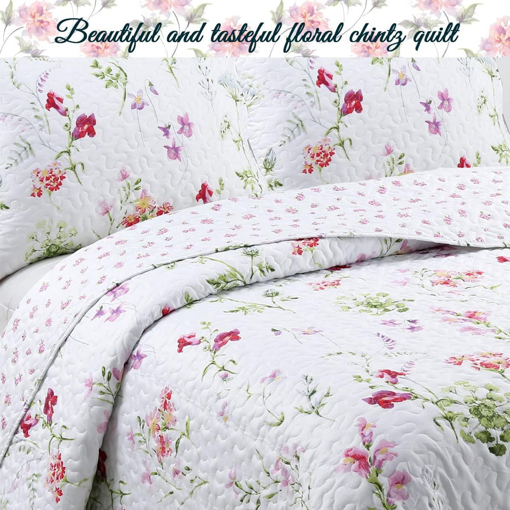 Cozy Line Home Fashions Light Pink Blue Flower Bloom Floral Garden Reversible Quilt Bedding Set, Coverlet Bedspread Lightweight for All Seasons (Carlotta, King - 6 Piece)
