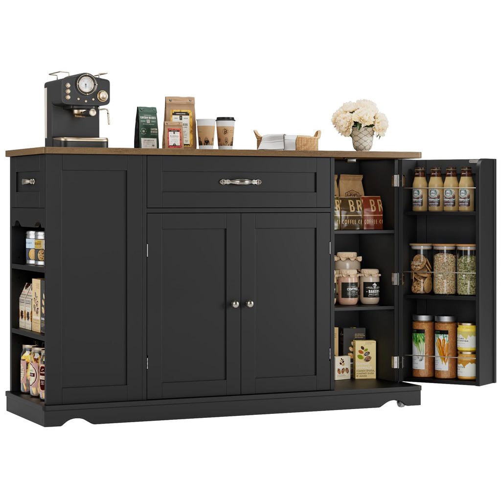 HOSTACK 47" W Kitchen Island Cart with Storage, Rolling Island Table, Black