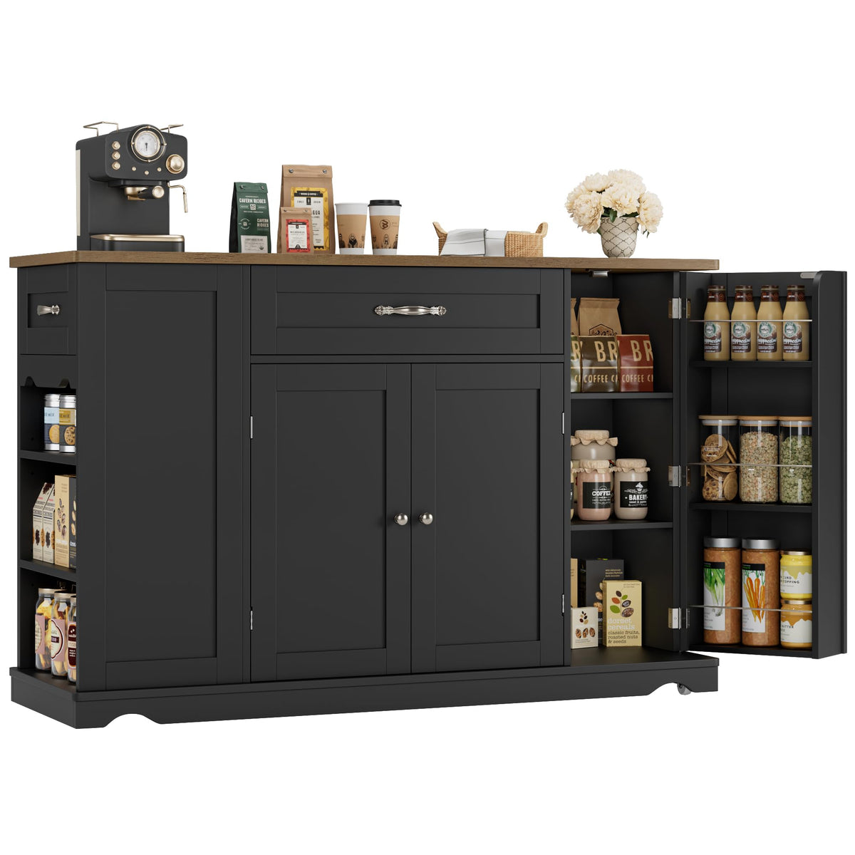HOSTACK 47" W Kitchen Island Cart with Storage, Rolling Island Table, Black