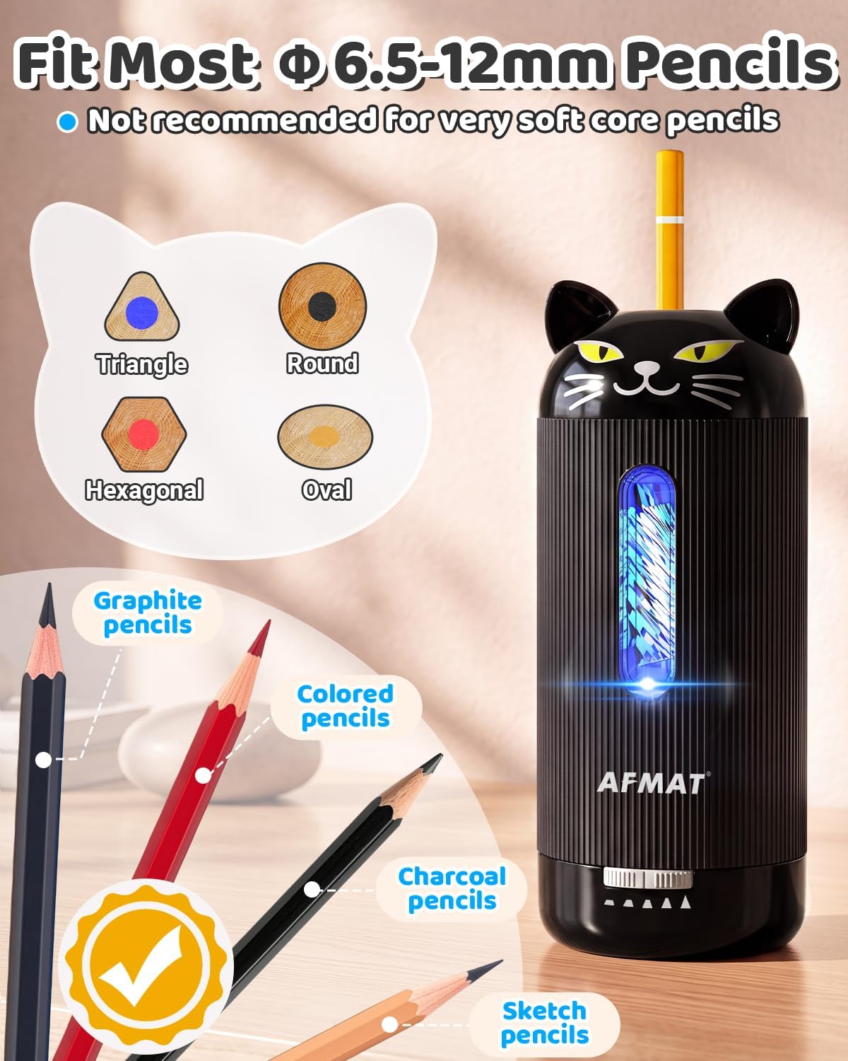 AFMAT PSJ2 Electric Pencil Sharpener, Auto in & Out, 5 Nibs, 7K+ Uses, Fully Automatic Classroom Pencil Sharpener, Rechargeable Hands-Free Sharpeners for Jumbo/Colored Pencils (φ6.5-12mm) PSJ2