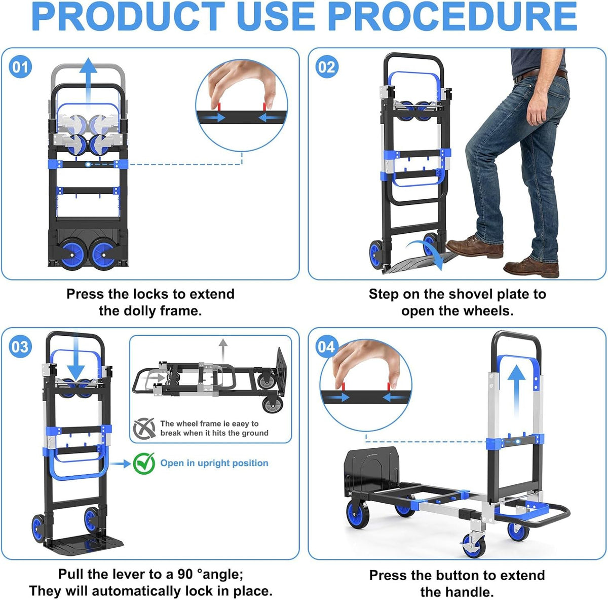 3-in-1 Folding Heavy Duty Hand Truck Dolly Cart Trolley with Wheels (Blue)