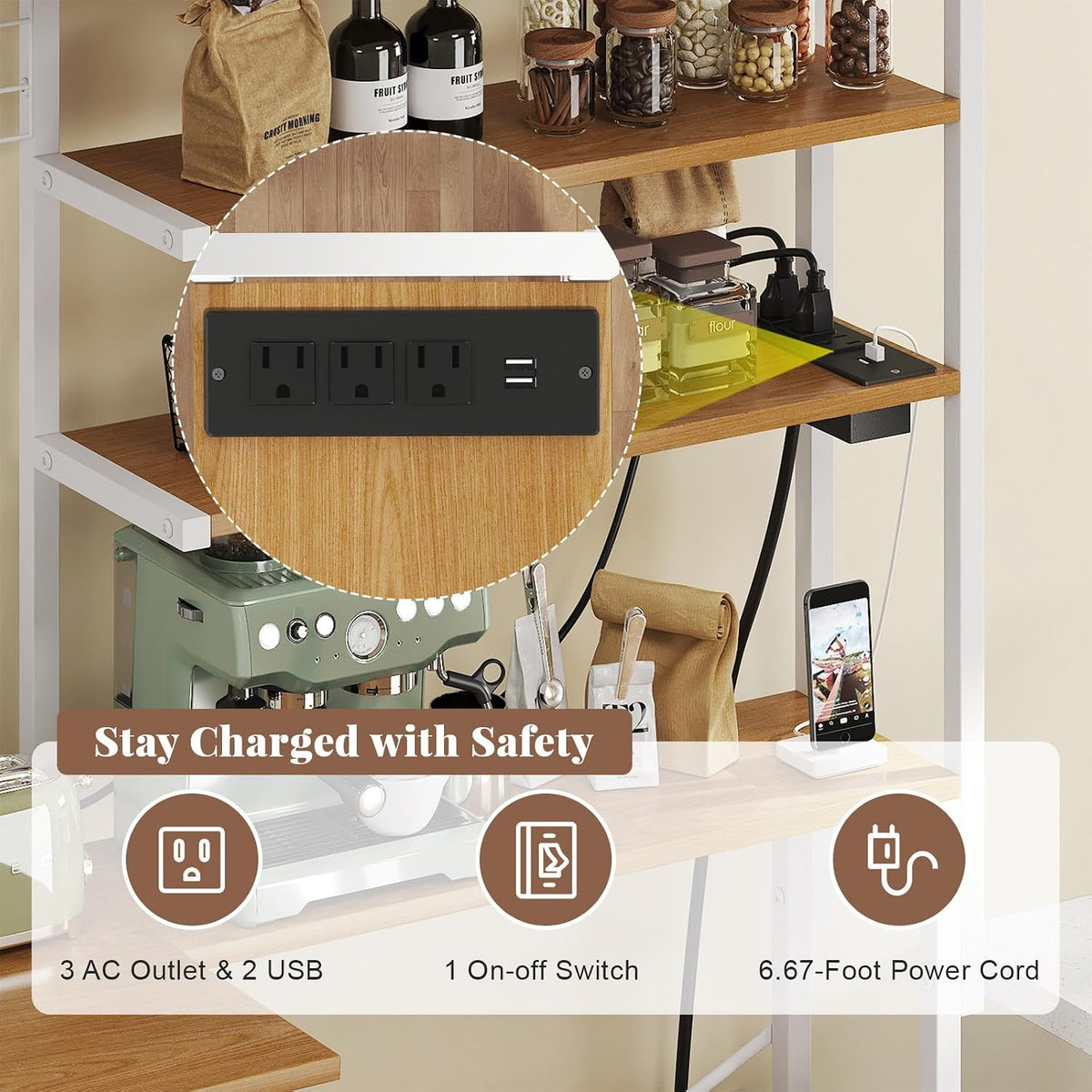 L-Shaped Bakers Rack with Power Outlet