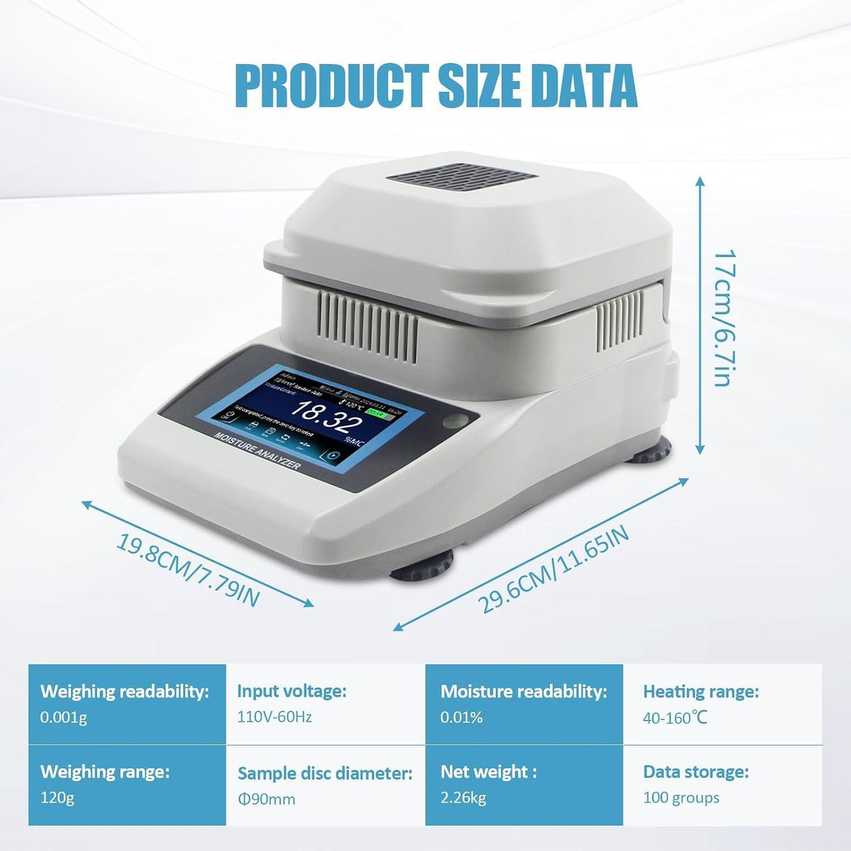 110V Halogen Moisture Analyzer Accuracy 0.001g,4.3In Touch Screen Lab Grain Moisture Analyzer - 0.01% Readability Water Content Test with 120g Capacity 3 Drying Modes for Agriculture Medicine