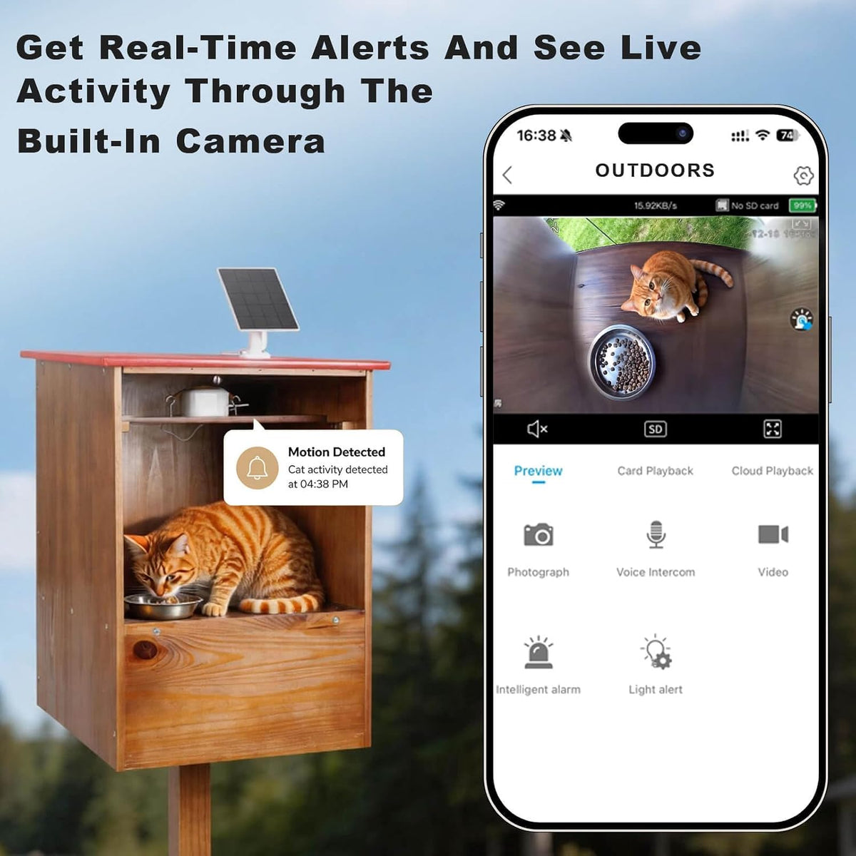 Outdoor Cat Feeding Station with Camera, Solar Powered Raccoon Proof Feral Cat Feeder, Weatherproof Elevated Outdoor Cat Feeder with Dual Viewing Angles & App Alerts