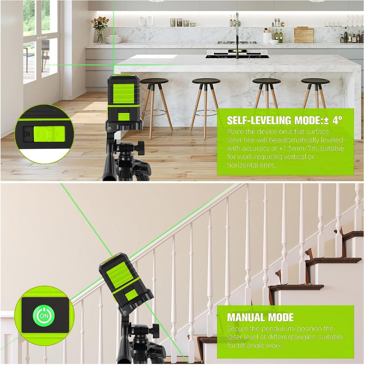Laser Level with Tripod, 120 feet Green Cross Line Self Rotary Leveling Laser Level, Vertical and Horizontal Line, Rotatable 360 Degree, Manual Self leveling and Pulse Mode,IP54 Waterproof & Battery1