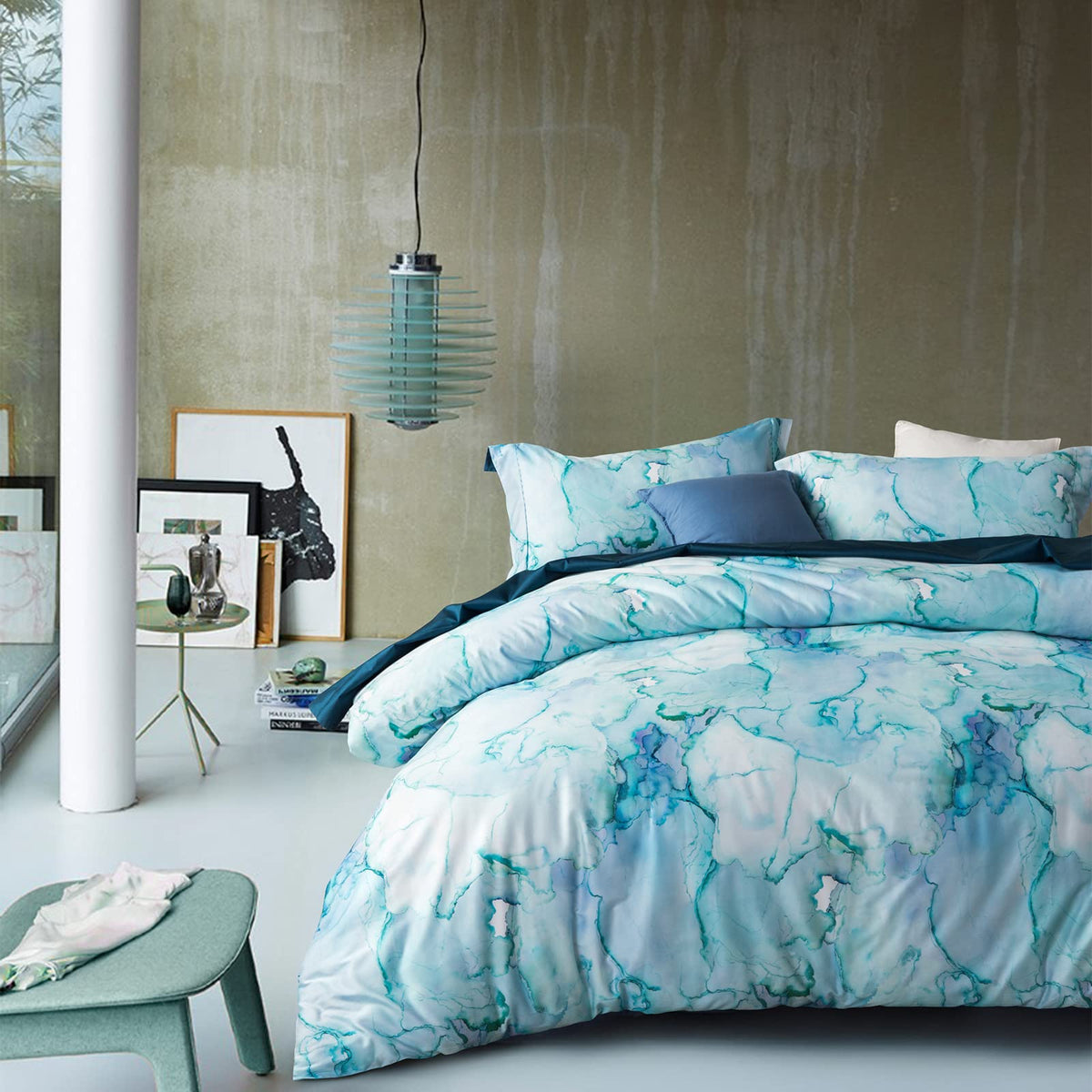MILDLY White Floral Green Leaves Luxury Duvet Cover Set 3pcs King