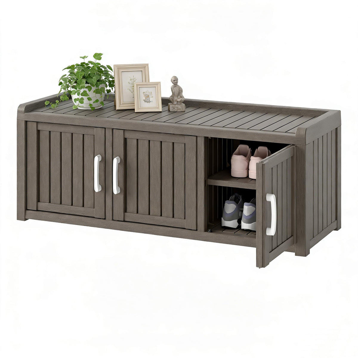 2-Tier Storage Bench, Waterproof UV-Resistant Outdoor Shoe Storage Cabinet with 2 Doors & Adjustable Shelves for Indoor Outdoor Entryway, Hallway, Living Room(Black)