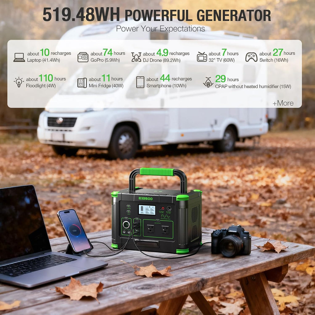 500W Portable Power Station 519.48Wh Outdoor Solar Generator Backup Battery