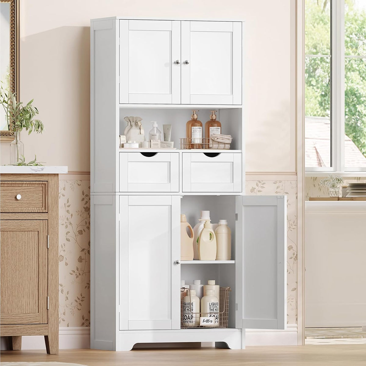 TEENFON Tall Bathroom Storage Cabinet with 4 Doors & 2 Adjustable Shelves