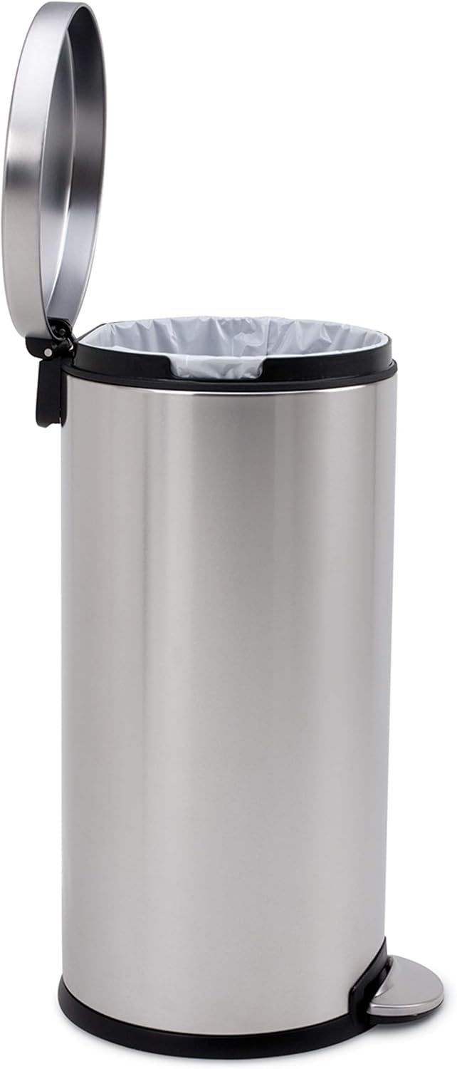 simplehuman Round Step Can, 30L / 8 Gallon Kitchen Trash Can, Iconic Round Shape, 150,000-Step Pedal, Lid Shox® Silent Close, Removable Inner Bucket, Brushed Stainless Steel