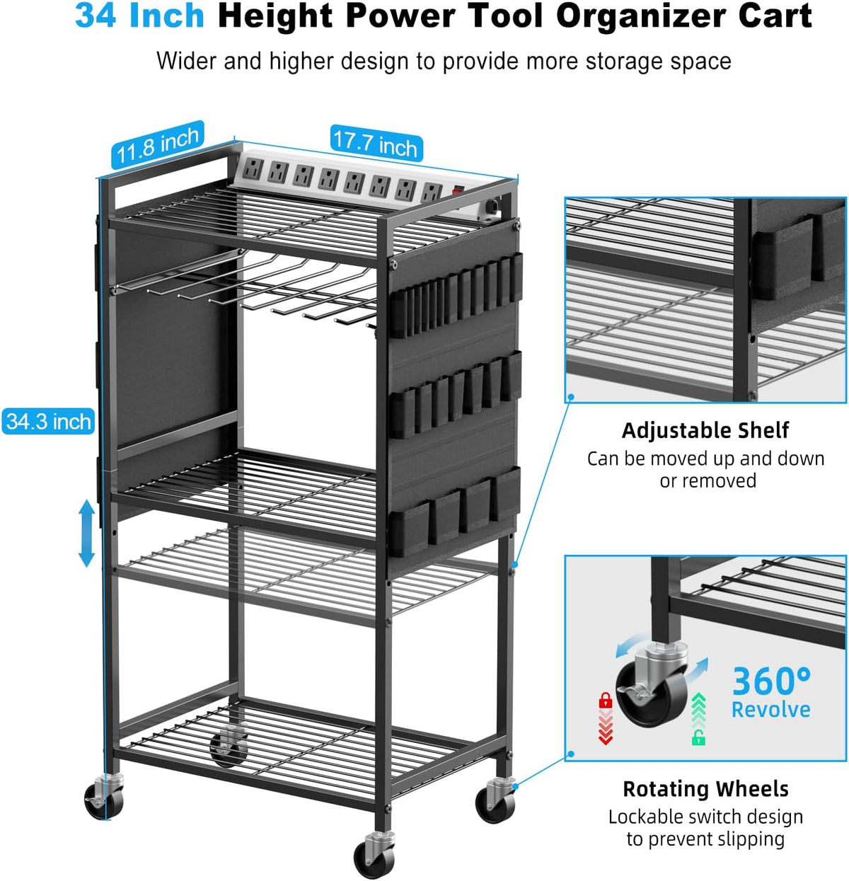 JUNNUJ Power Tool Organizer Cart with Charging Station, 6 FT Cord, Black