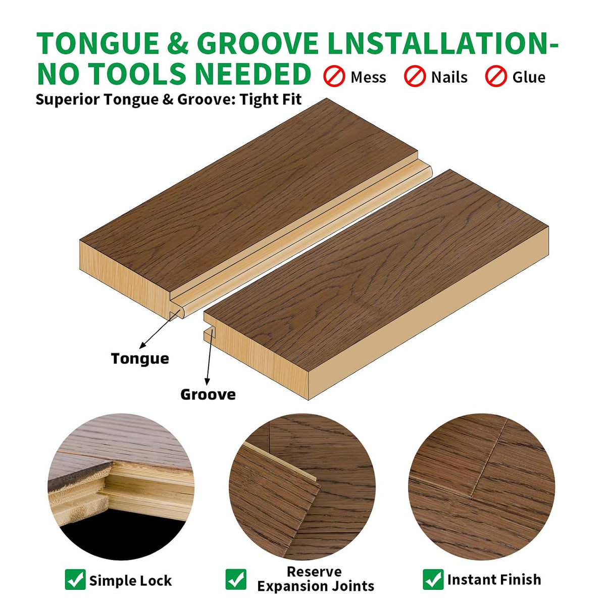 Solid Bamboo Flooring, 40.15" L x 5.11" W x 0.6" T, Warm Brown Oak Grain, Tongue & Groove Waterproof Planks, 14 Planks (Covers 20 Sq Ft)