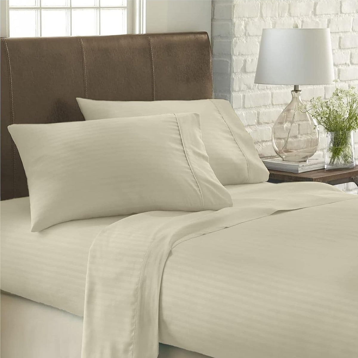 USA King Sheet Set in Ivory Stripe 400 Thread-Count 100% Egyptian Long Staple Cotton, Sateen Weave for Soft and Silky Feel, Breathable 4-Piece Bedsheet, Elasticized 24'' Extra Deep Pocket