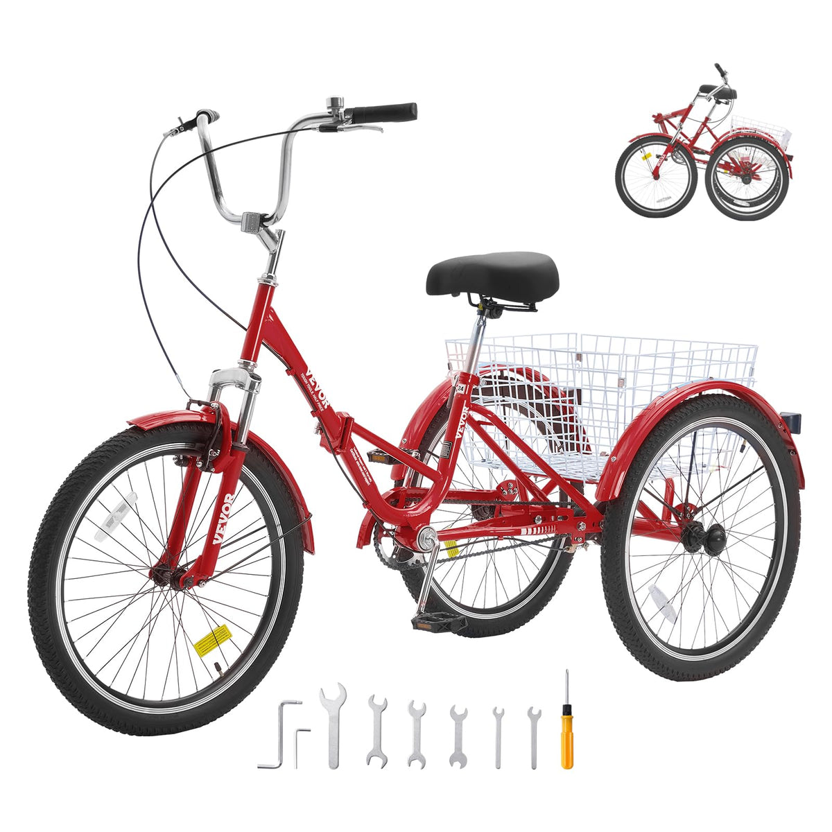 VEVOR Folding Adult Tricycle,Adult Folding Trikes, 3 Wheel Cruiser Bike with Large Basket & Adjustable Seat, Shopping Picnic Foldable Tricycles for Women, Men, Seniors