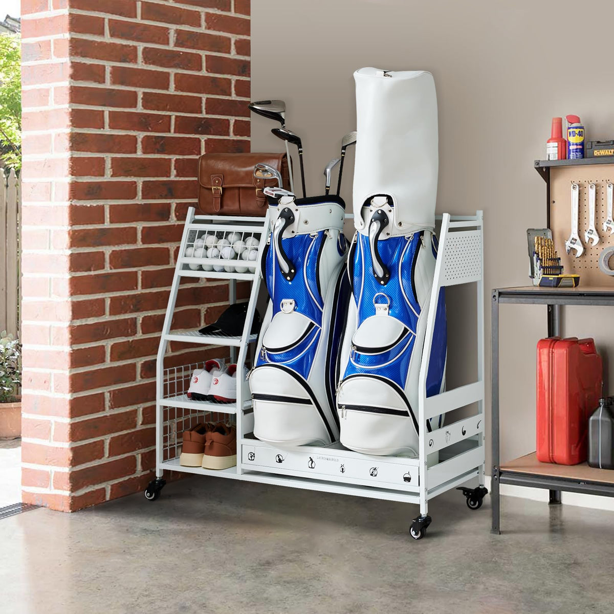 Lauren&Harold Golf Bag Organizer Garage Storage, Golf Storage Rack Stand Fits 2 Golf Bags, Golf Clubs and Other Golfing Equipment Accessories, Golf Organizer for Garage, Club, Shed, Basement