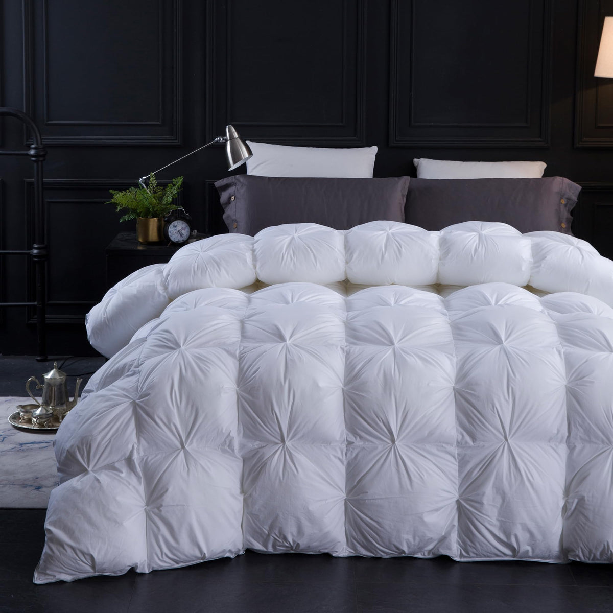 Three Geese Pinch Pleat Waterfowl Feathers and Down Comforter Queen Size Duvet Insert, 1200TC 100% Cotton Fabric, Premium All Seasons BlackGrey Warm Hotel Comforter with 8 Tabs.