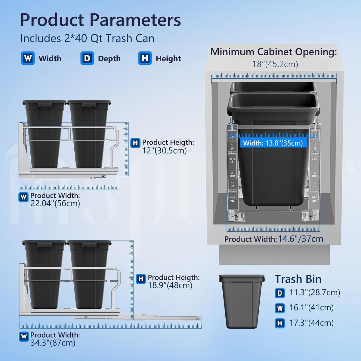 Insputer Dual 40QT Pull Out Trash Can Under Cabinet with Soft-Close Slides