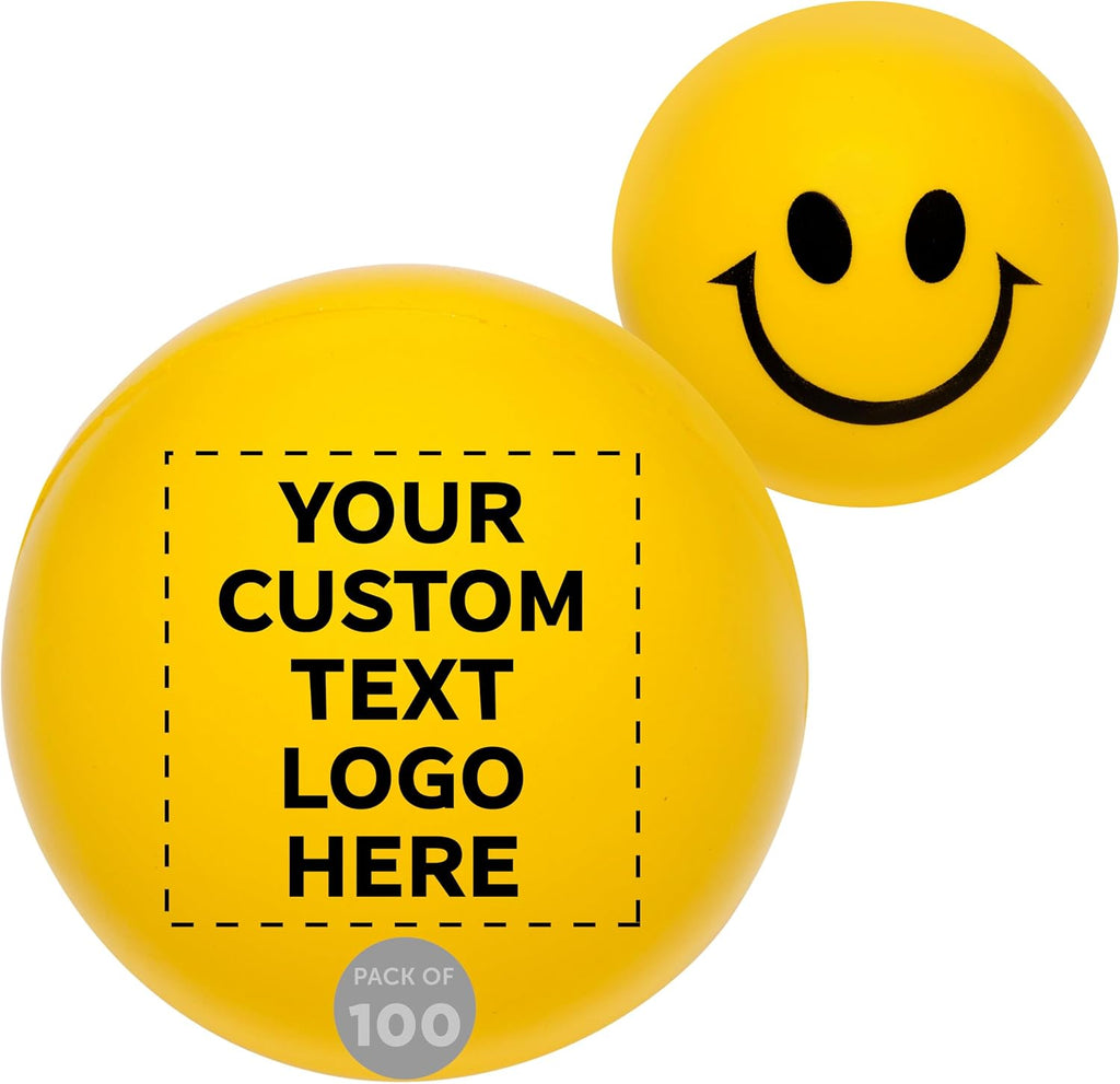 DISCOUNT PROMOS Custom Smiley Squeeze Balls Set of 100, Personalized Bulk Pack - Perfect for Promotional Giveaways - Yellow