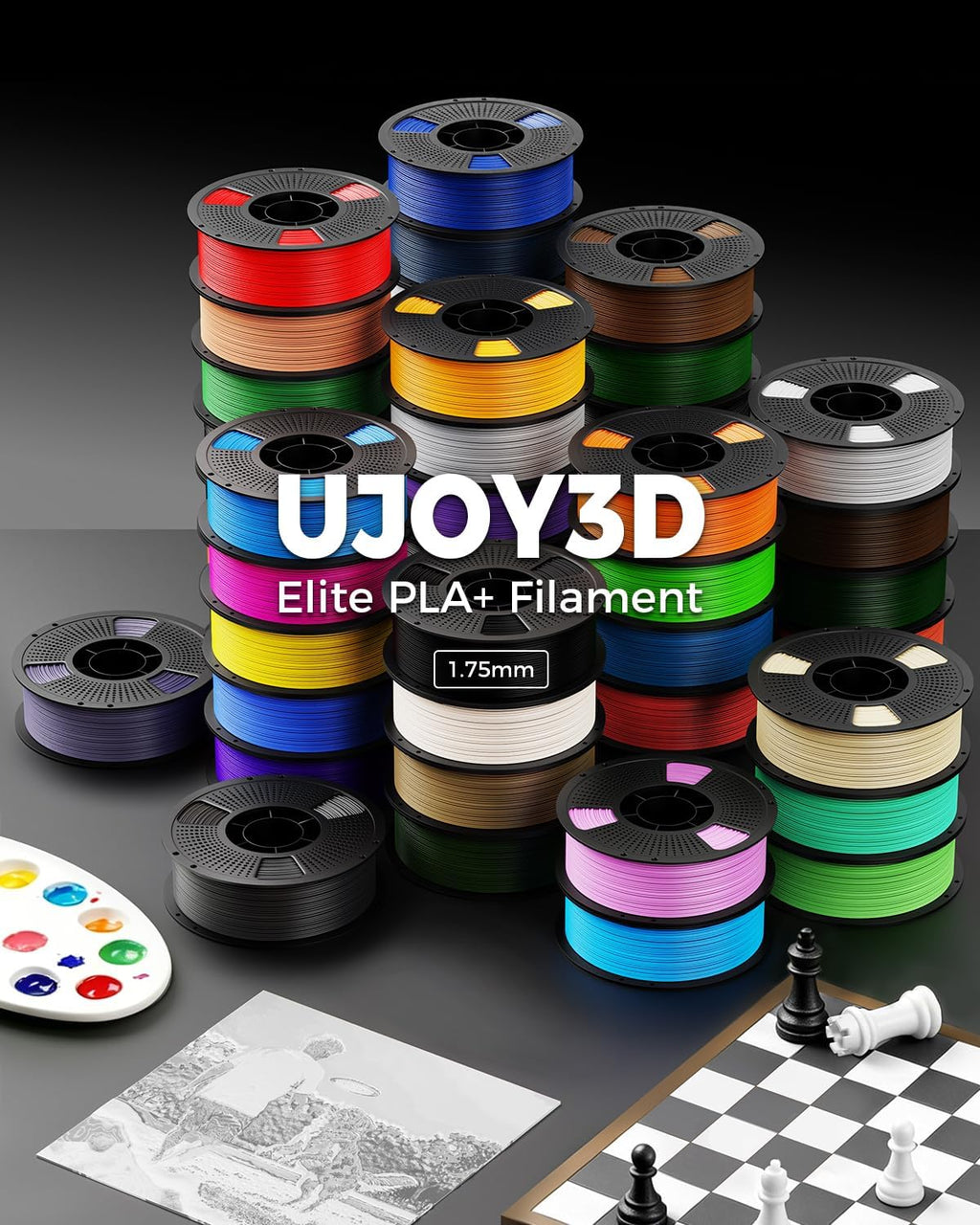 UJOY3D 10kg Elite PLA+ 3D Printer Filament Bundle, 10 Color Pack 3D Printing Filament 1.75mm, 1kg Spool 10 Pack, Black+Jade White+Cream White+Grey+Red+Cobalt Blue+Green+Orange+Yellow+Beige Skin