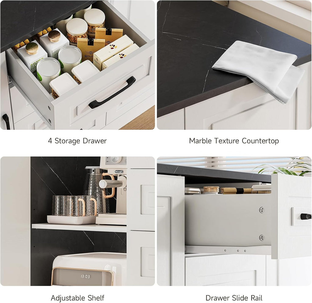 ONBRILL Kitchen Island with 2 Storage Cabinets & 4 Drawers, White+Black