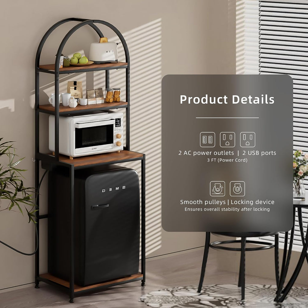 Arched Metal Mini Fridge Stand with Power Outlet and Wheels, Black