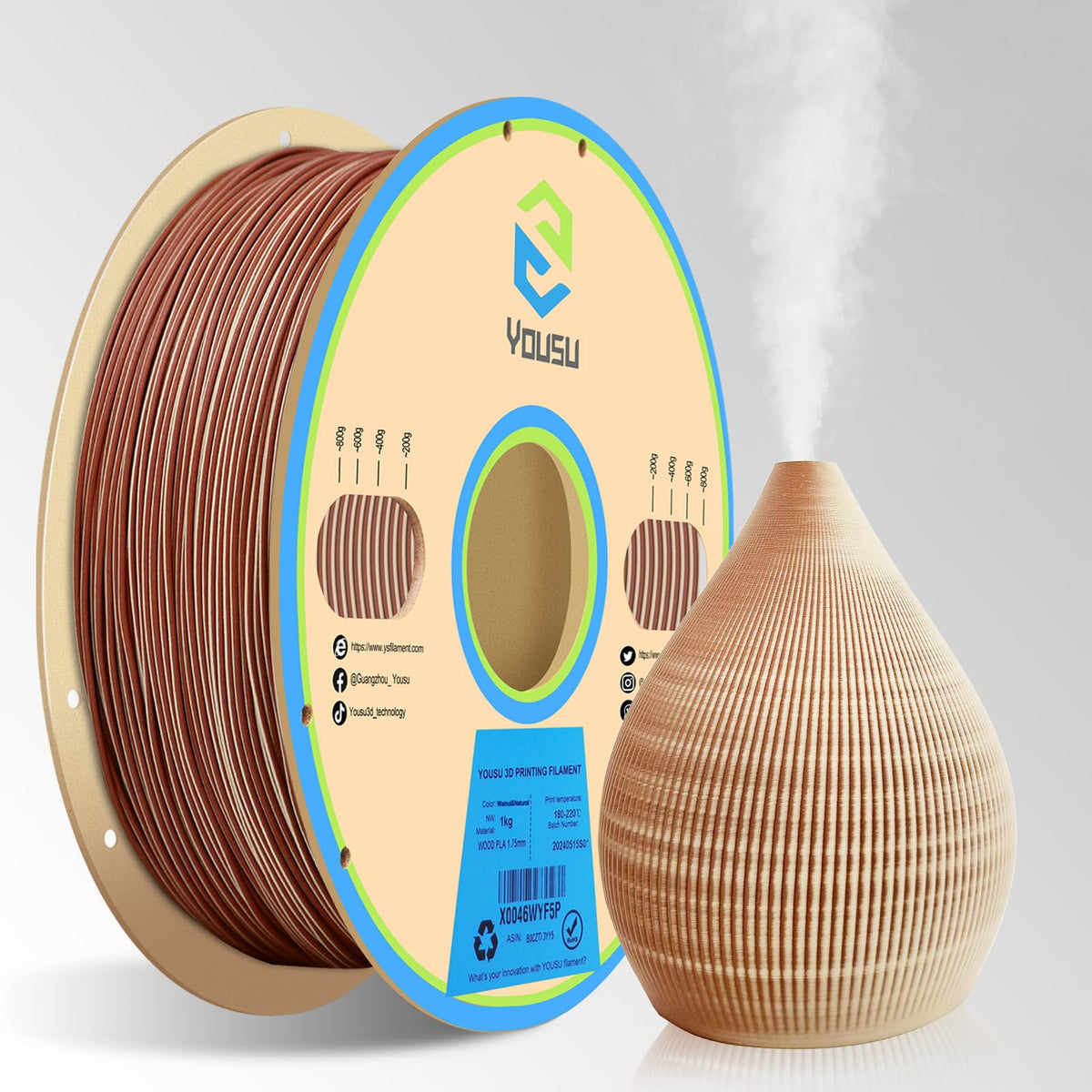 YOUSU 3D Printer Filament Silk PLA Filament Rainbow Color,1.75mm Tri Color PLA Filament 6kg Pack,1kg Spool.