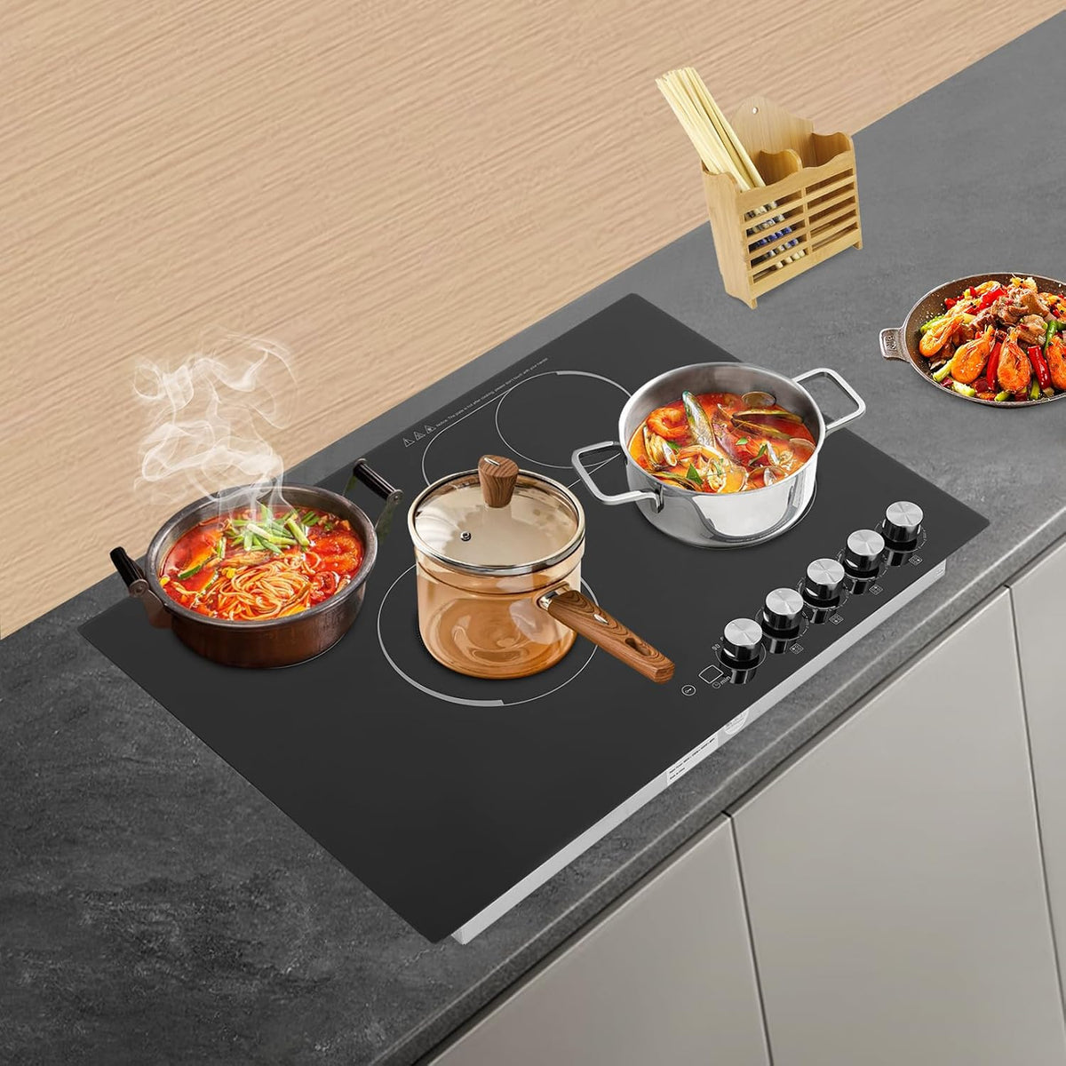 4-Burner Cooktop 110V 1200W Built-in Stove Top with 0-90mins Timer,with Independent Knob Child Lock 4 Power Levels Ceramic Cooktop for Kitchens, No Plug
