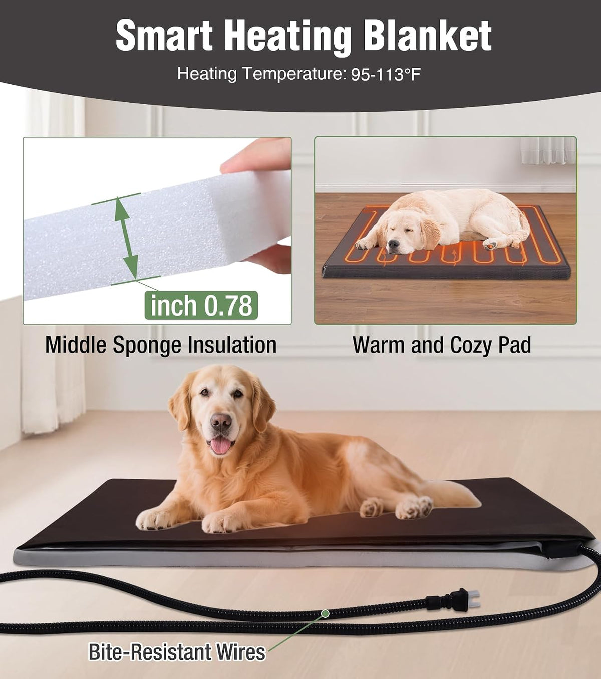 Heated Dog House, Outdoor Dog House Insulated for Winter with Heating Pad, Weatherproof Wooden Dog Kennel with Porch, Iron Frame, Asphalt Roof & Removable Floor