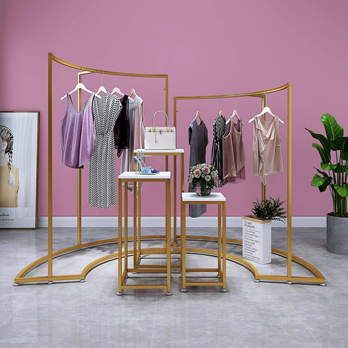 Floorstanding Coat Rack, Minimalism Metal Clothes Hanging Rail, Half Round Single-Pole Clothing Storage Display Rack, for Clothes Store, Gold(Size:87 * 45 * 133CM,Color:Gold)