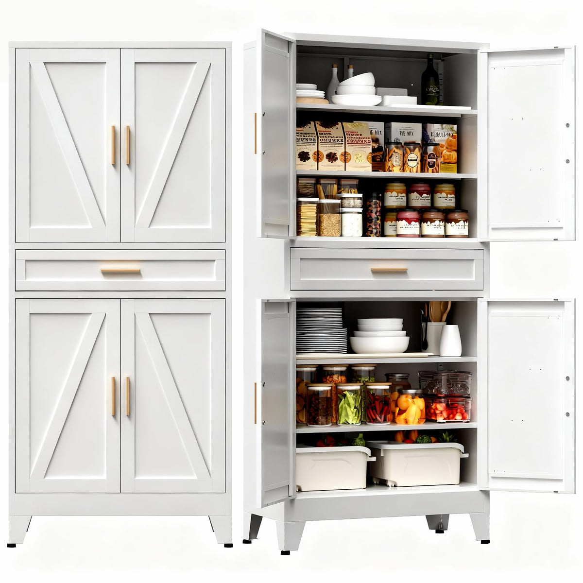 COFaR Black Farmhouse Storage Kitchen Pantry Cabinet with 2 Barn Door, 3 Adjustable Shelves and Legs, for Cupboard/Dining Room/Bathroom/Living Room/Office/Laundry Room (Black, 61" Farmhouse)