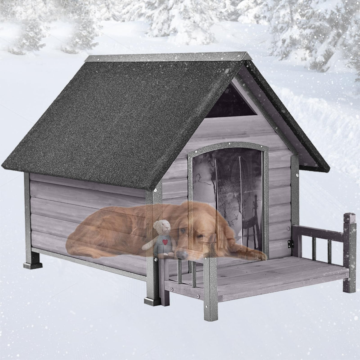 Dog House Outdoor, Insulated Dog Kennel Outside for Large Breed, 50.87" L Weatherproof Large Dog Shelter with Anti-Chewing Iron Frame (Grey-H, 45" D x 32.9" W x 32.6" H)
