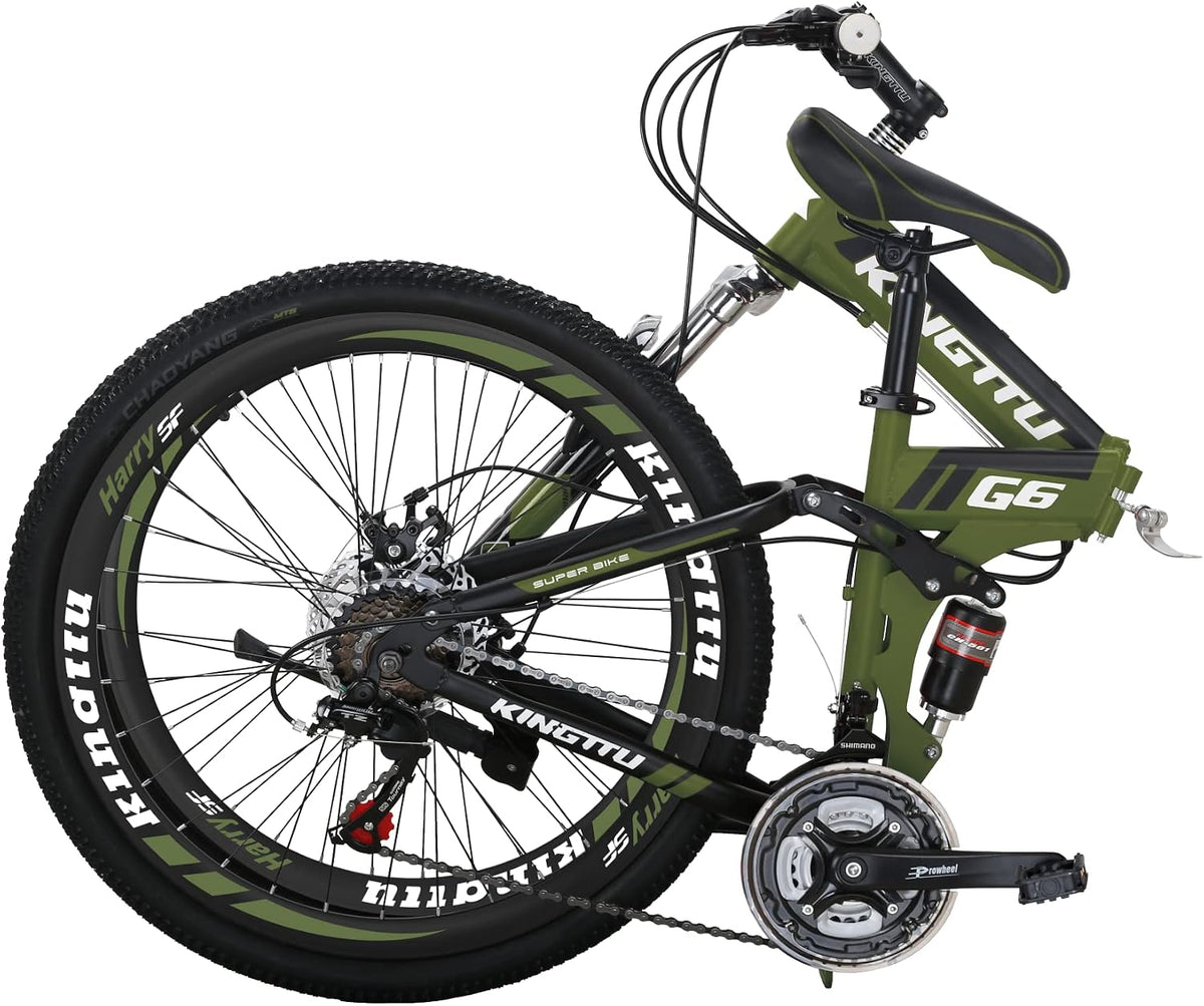 Eurobike Adult Folding Bike HY G6 Bicycle 26 Inches Muti Spoke Wheels 21 Speed Dual Suspension Folding Mountain Bike (G6 ArmyGreen -KT 32 Spoke)