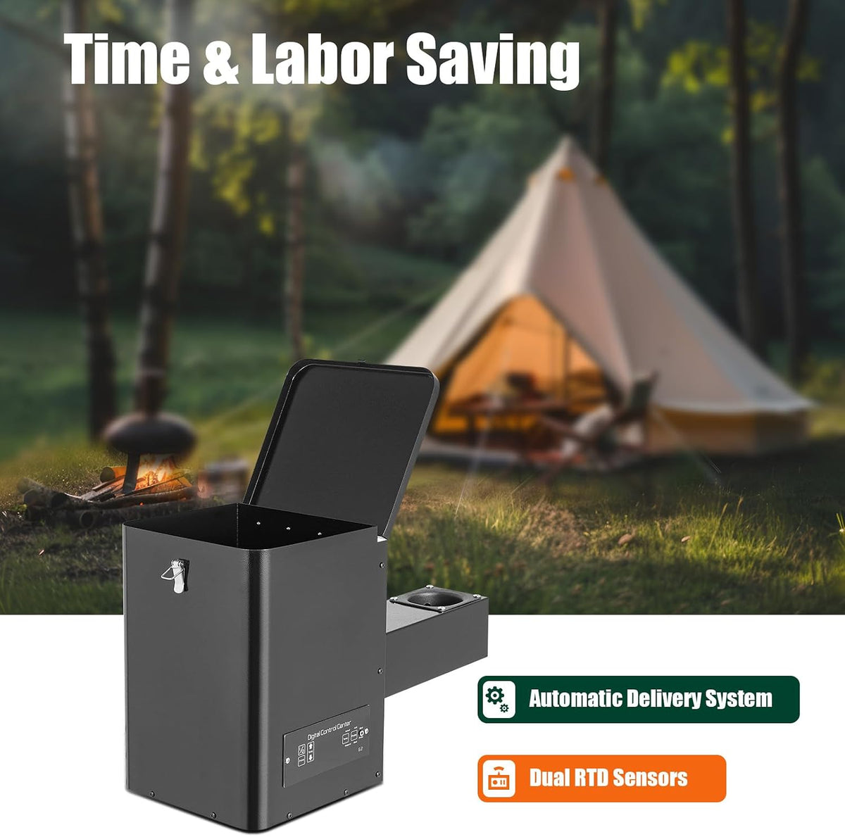 Pellet Smoker Hopper, 180℉- 500℉ 250W 120V 11 Gears Ajustable Temp Electric Wood Pellet BBQ Grill Hopper Kit 3 Modes with Digital Temperature Controller (Button Control 24.8 x 11.02 x 15.15in)