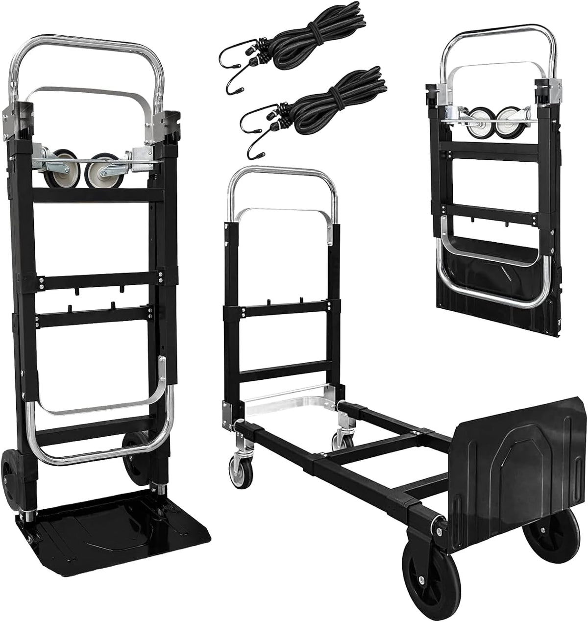 3 in 1 Folding Hand Truck, 600Lbs Capacity, Heavy Duty Collapsible Cart with Retractable Handle and 4 Rubber Wheels, Moving Dolly for Moving Home, Office, Food Service, Shopping Mall, Warehouse