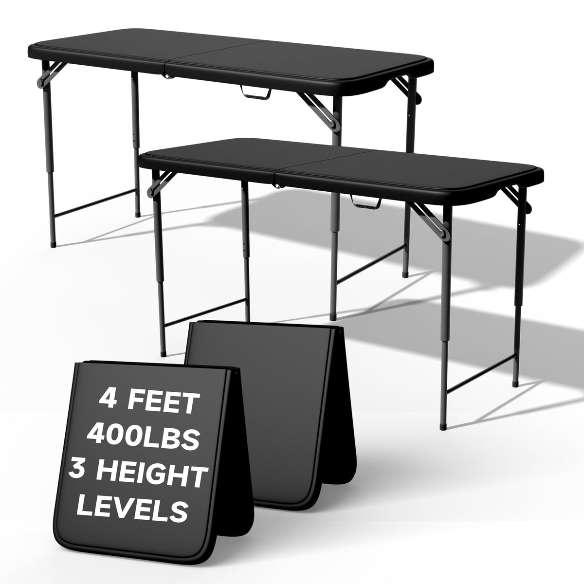 4 FT Folding Table, 3-Position Adjustable Height, Heavy Duty 400 lbs Capacity, Portable Table for Camping, Party, Indoor & Outdoor (Black Wood Grain, 2 Pack)