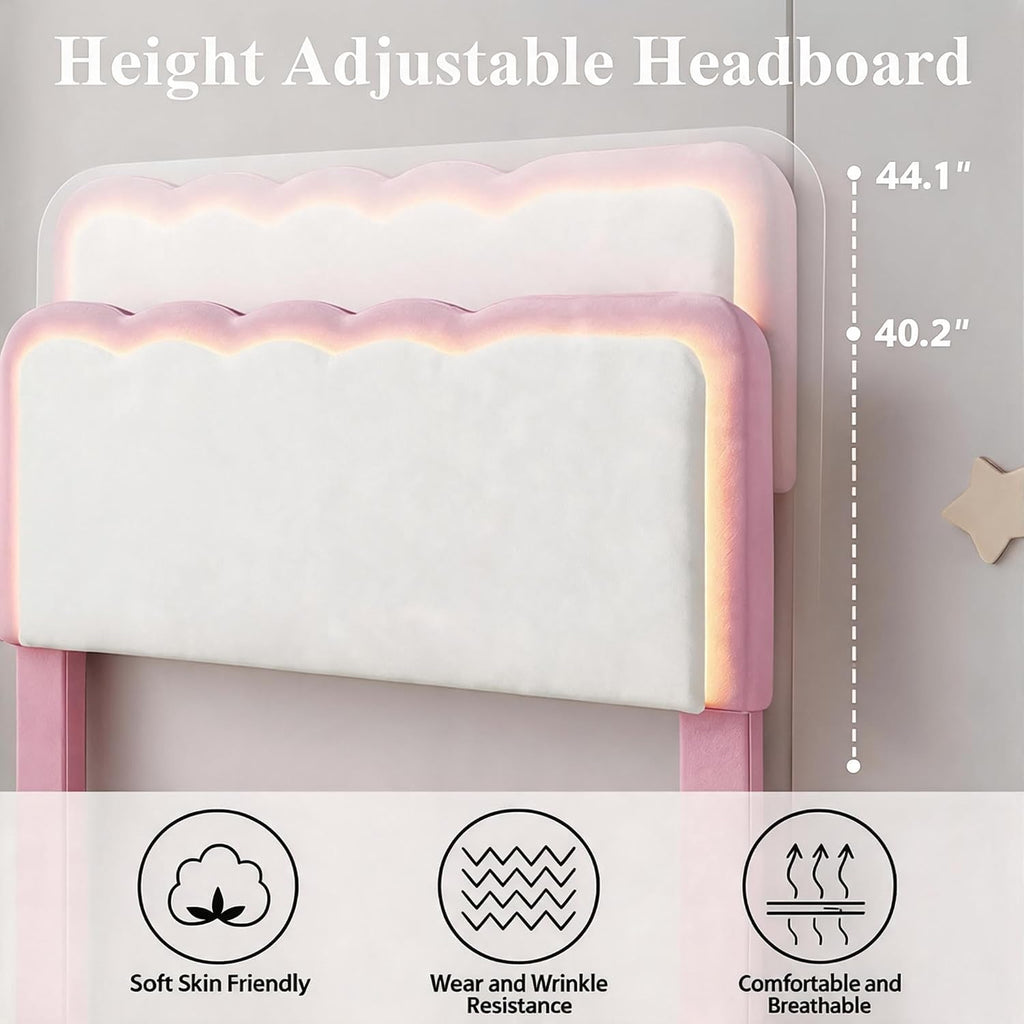 IDEALHOUSE Twin LED Bed, 2 Drawer Trundle, Pink Wave Headboard