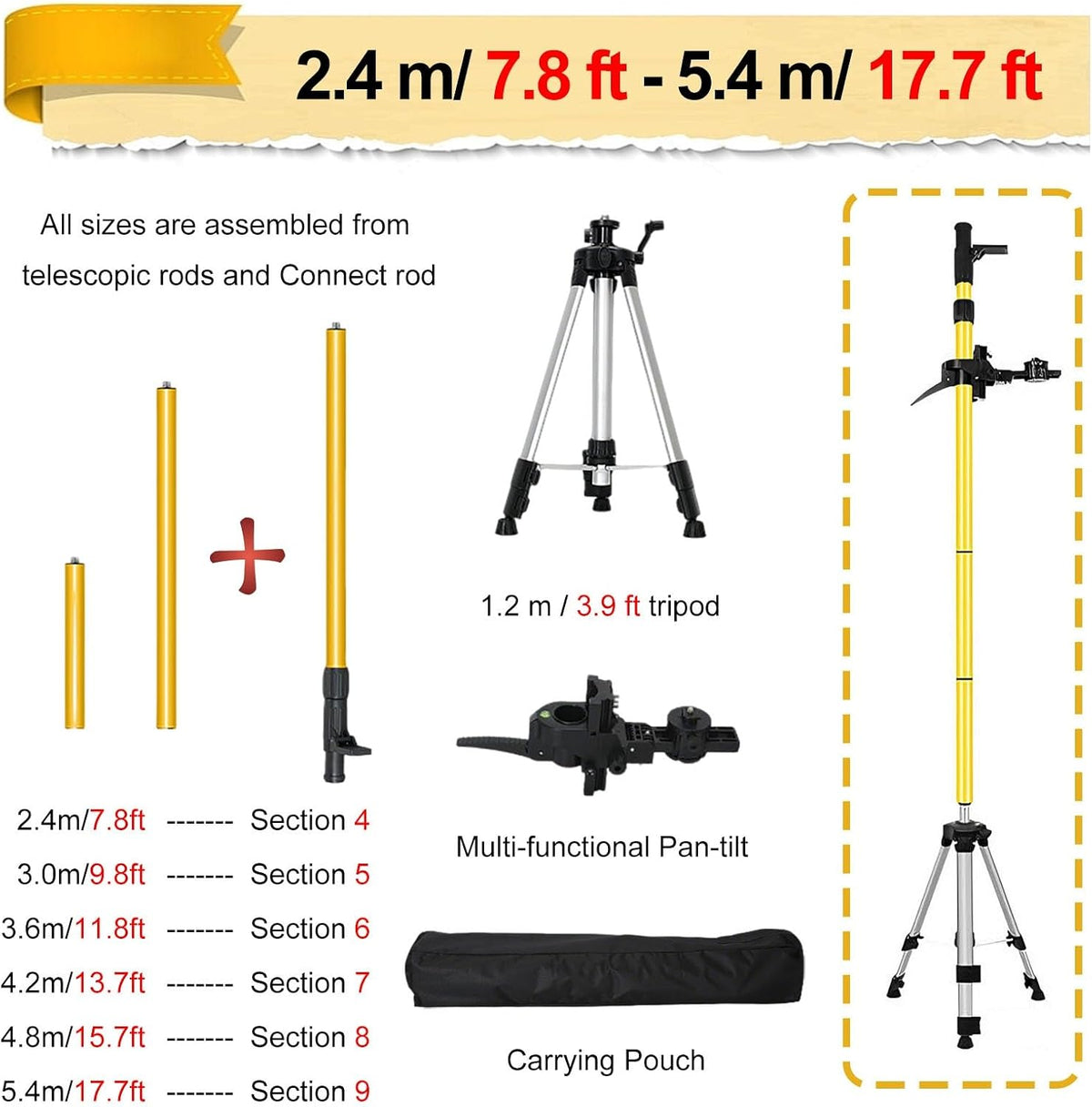 SRNSAEB Heavy Duty Laser Level Pole Mounting Bracket, 7.8' - 19.6' Stretchable Leveling Laser Tripod Stand, Floor to Ceiling Spirit Level Poles with Fine-Tuning Pan-tilt(3.0m/9.8ft)