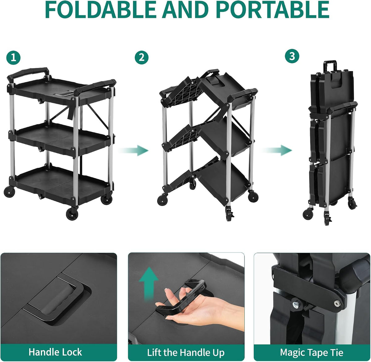 YITAHOME 3-Tier Folding Utility Cart with Wheels (2 Brakes), 240lbs
