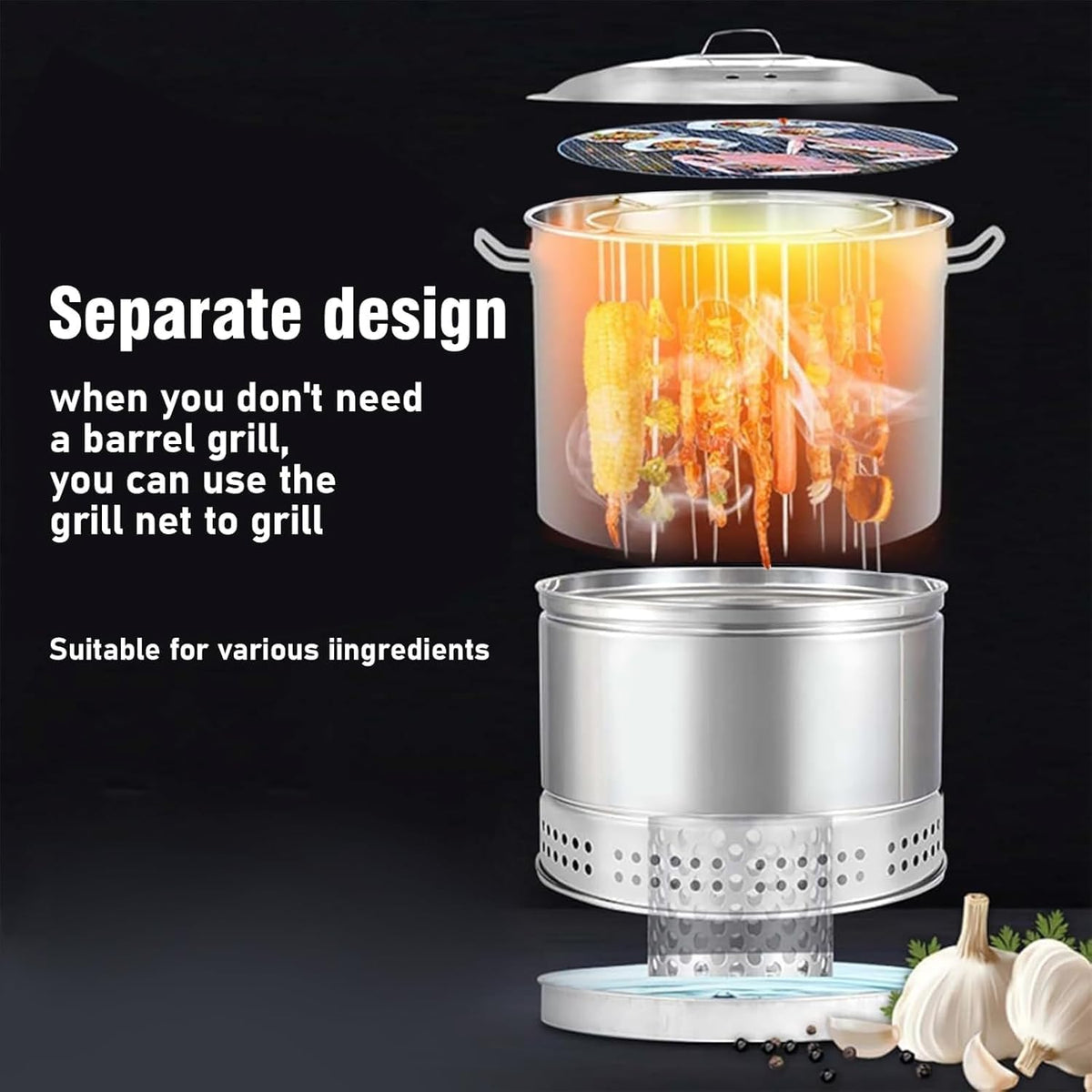 2-in-1 Heavy Duty Freestanding Charcoal BBQ Smoker - Cylinder One-piece Charcoal BBQ Grill w/3 S Hooks Can Hold 50 Skewers for Garden Camping Outdoor Cooking and Grilling
