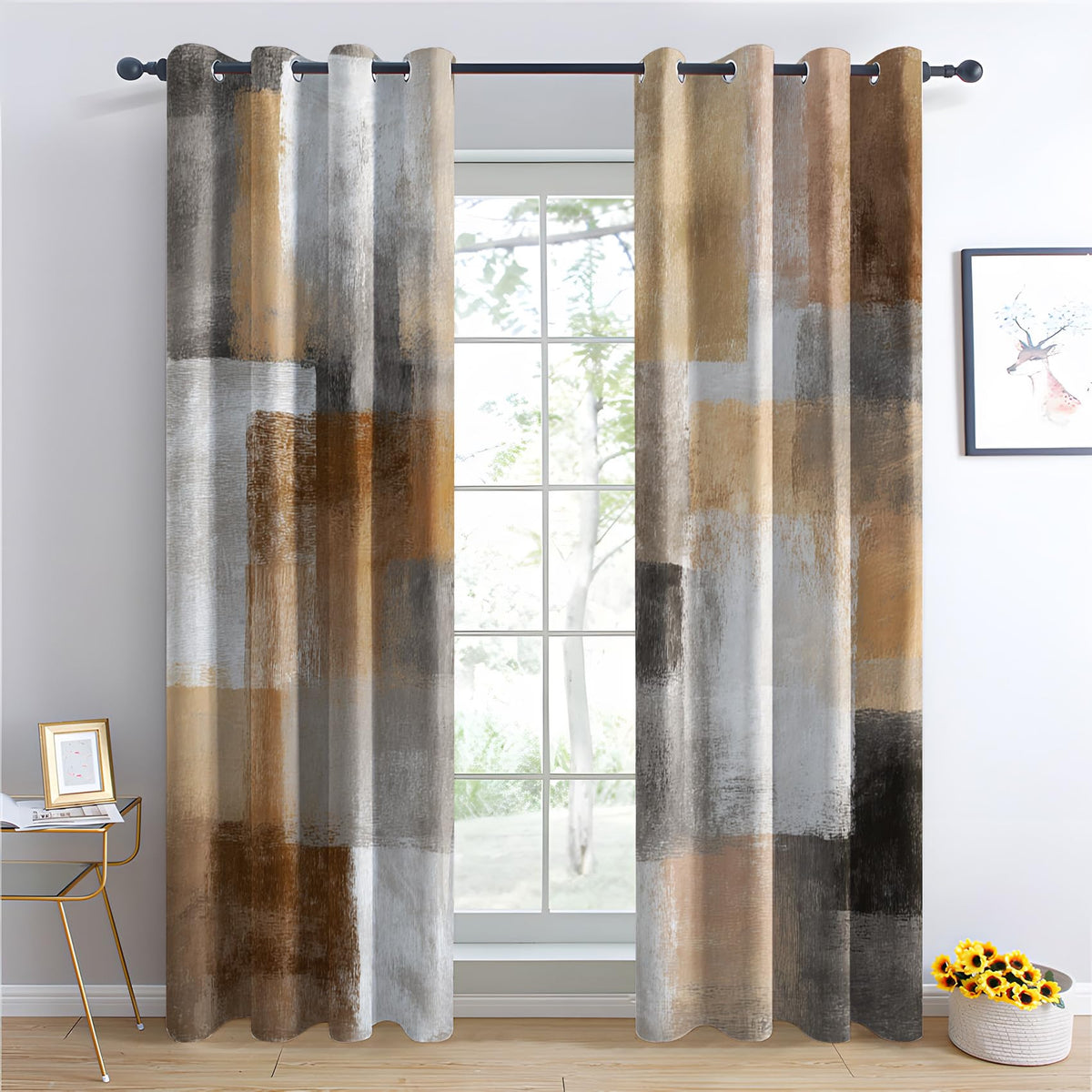 Boho Mid Century Blackout Curtains, Thermal Insulated Room Darkening Grommet Drapes for Bedroom Living Room, Modern Abstract Leaf Geometric Window Treatments, 108 Inch Drapes 2 Panel Set