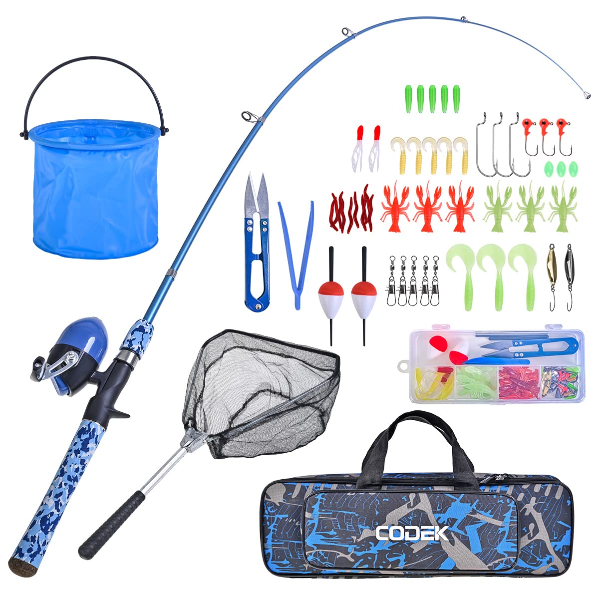 CODEK Kids Fishing Pole Set with Full Starter Kits 2 Set Portable Telescopic Fishing Rod and Spincast Reel Cambos with a Fishing Net and 2 Buckets for Boys Girls and Youth