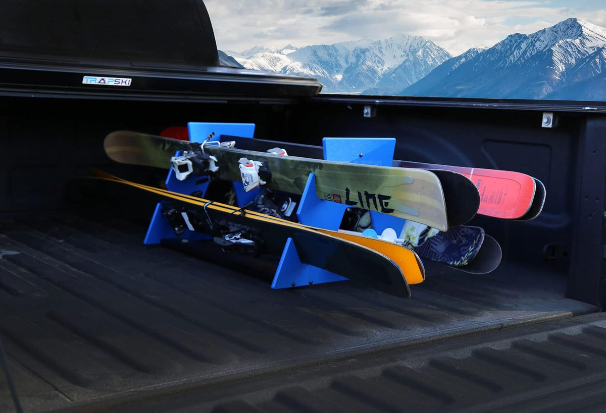 TRAPSKI Quad Powder Ski and Snowboard Mobile Rack | Marine Grade HDPE Plastic | UV Protected | Premium Strap Included | 3 Year Warranty | Made in The USA | Veteran Owned Business (Blue, Quad)