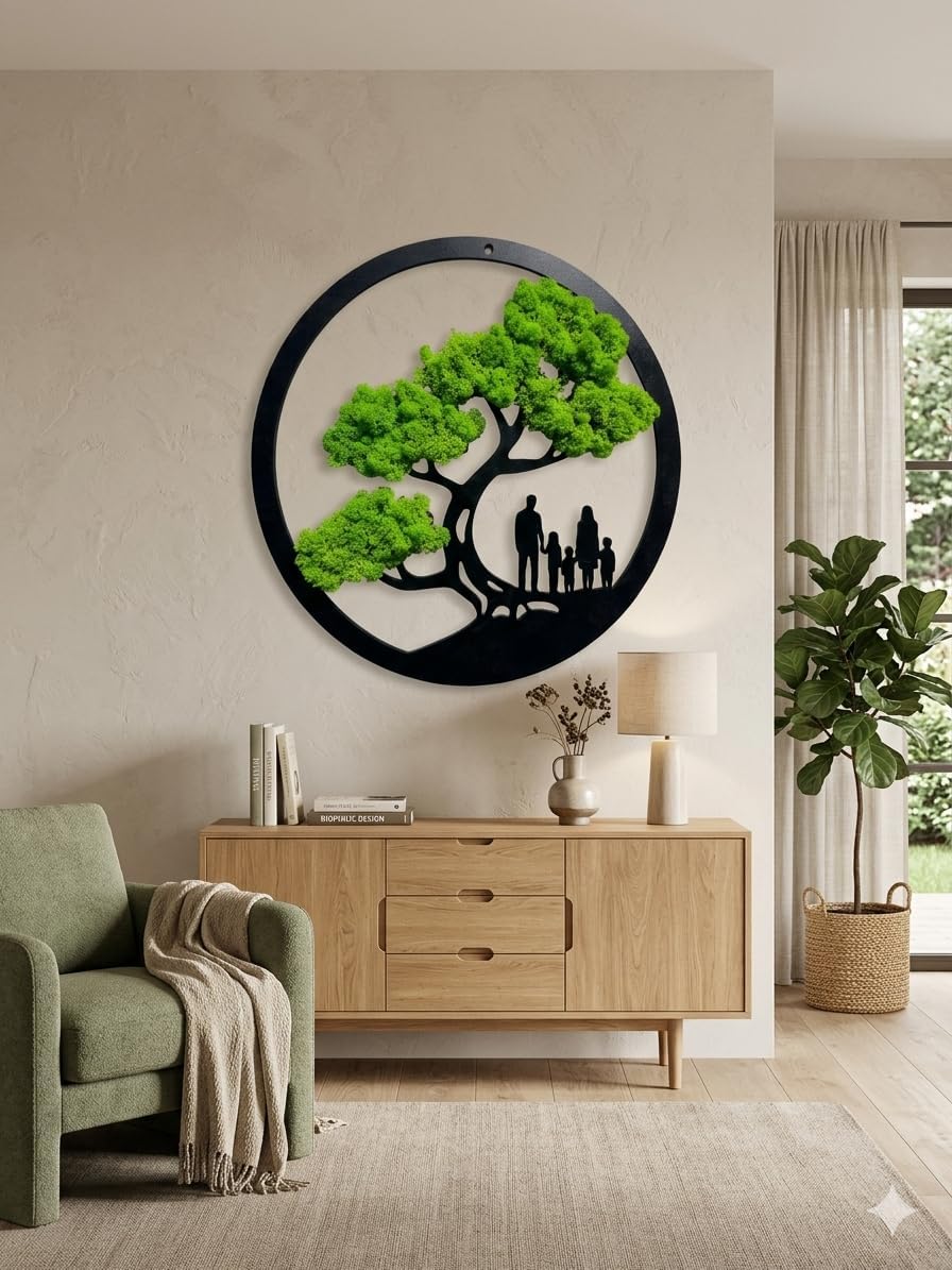 Family Tree Moss Wall Art - 24" Preserved Reindeer Moss Wooden Circle Frame