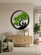 Family Tree Moss Wall Art - 24" Preserved Reindeer Moss Wooden Circle Frame