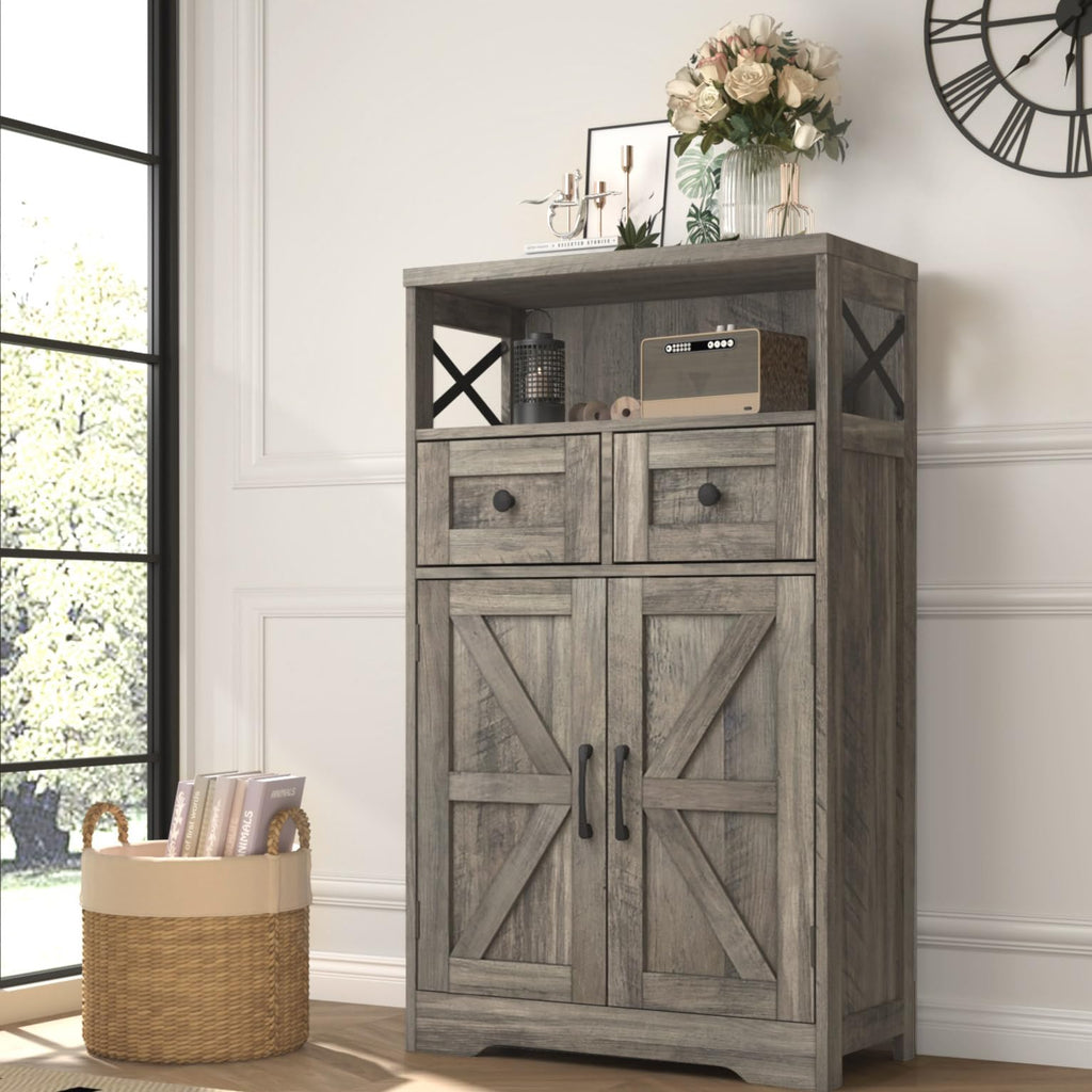 Farmhouse Storage Cabinet with Drawers, Small Kitchen Pantry Cabinet, White