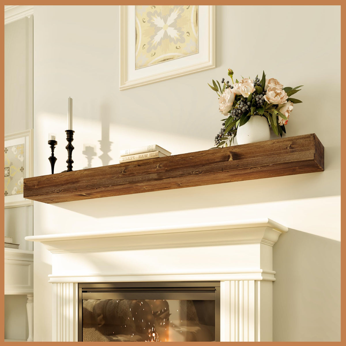 Avana Fireplace Mantel - Wall-Mounted Mantles for Over Fireplace - Farmhouse Fireplace Mantle Shelves - Handcrafted Wood Fireplace Mantels - Floating Mantel 72 Inches X 8 X 5 - Rustic Natural